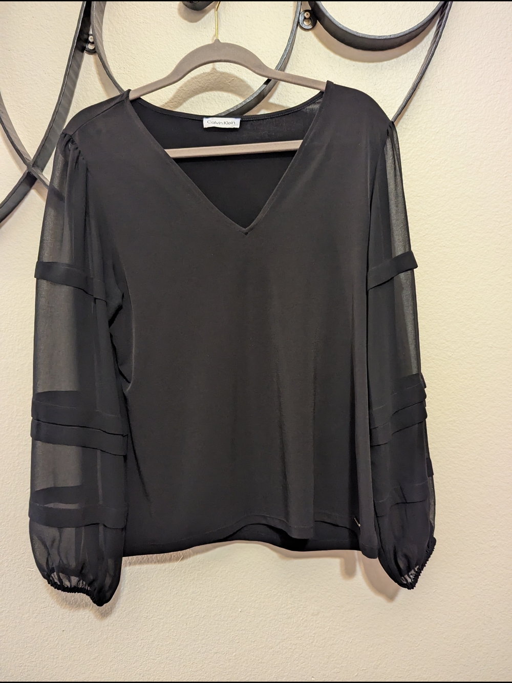 Calvin Klein Black V-Neck Blouse with Sheer Balloon Sleeves